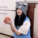 Bonnyshow Cute Bear Ear Protection Hat for Women Autumn Winter Warm Knit Plush Cap Korean Solid Color Cartoon Lady Earmuff Hats