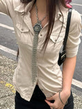 Bonnyshow  Fashion Solid Packet Slim Fit Women Shirts Causal Y2k Summer Chic Up Turn Down Collar Basic Blouses