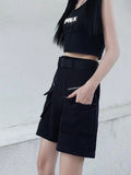 Bonnyshow Techwear Gothic Black Cargo Pants Women Streetwear Hollow Out Punk Wide Leg Oversize Pockets Trousers For Female Hip Hop