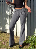 Bonnyshow  Ladies Casual Grey Flared Pants Chic Leather Striped Patchwork Low Rise Casual Pants Streetwear y2k Trouser Korean Style