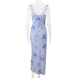 Bonnyshow  Women Sexy Skinny Flower Print Midi Dress Chic Backless Ruffled V Neck Sling Vestidos 2025 Summer Lady Vacation Elegant Sundress