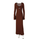 Bonnyshow Brown Long Sleeve Holiday Dress Women Sexy Hollow Out Slim Beach Dresses Autumn Elegant Maxi Evening Party Dress 2024