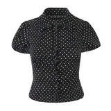 Bonnyshow  women's retro slim fit lapel with bubble sleeves and polka dot print waist cinching summer new shirt