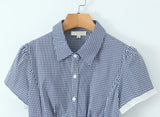 Bonnyshow  Sweet Girl Plaid Shirt Blouse Short Sleeve Lapel Collar Slim Lady Summer Tops