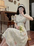 Bonnyshow Summer Chinese Style Cheongsam Puff Short Sleeve Korean Print Lace Midi Dress Floral Elegant Evening Party Dress