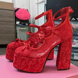 Bonnyshow  Red light Blue Floral Lace Small Bowtie Three Buckle Strap Lolita Pumps Super Platform Chunky High Heels Women Wedding shoes
