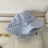 Bonnyshow Japanese Plaid Bucket Hat Summer UV Sunscreen Beach Hat Female Ins Bow Knot Big Brim Fisherman's Hat Beach Accessories