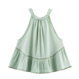 Bonnyshow  Women Embroidery Trim Back Tie Halter Top Casual Summer Tank Top Holiday Crop Top