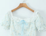 Bonnyshow  Sweet Girl Lace Spliced Embroidery Printed Dress Women Vintage Puff Sleeve V Neck A-line Mini Summer Dresses Holiday Robe