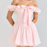 Bonnyshow  Sexy Off Shoulder Elegant Pink Party Mini Dresses For Women Lace Spliced Bow Ball Gown Summer Dress Birthday Robe
