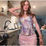Bonnyshow  Sexy Embroidery Hollow Out Women Vest Print Sleeveless Backless Bandage Pleated Female Top 2025 Summer Fashion Lady Streetwear
