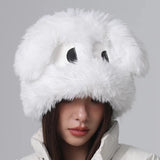 Bonnyshow Cartoon Fluffy Beanie Cap for Women Cute Puppy Ears Plush Hat Korean Solid Color Warm Faux Fur Female Girls Pullover Caps