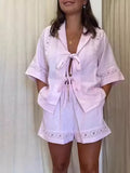 Bonnyshow  Summer Holiday 2 Piece Set Women Loose Patchwork Shorts Solid Hollow Out Bandage Shirt Sets Fashion Lady 2025 Elastic Waist Suit