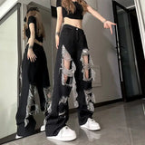 Bonnyshow Y2k Broken Hole Jeans All-Match Distressed Women High Street Hip Hop High Waist Straight Loose Trousers Washed Mopping Pants