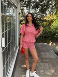 Bonnyshow  Casual Plaid Women's Shorts Set Lapel Short Sleeve Waist Cinching Pleated Shirt Top Checkered Short Pant Female Beach Outfit