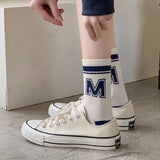 Bonnyshow 5 Pair/Set Blue Letter Stripe Socks for Women Korean Cotton Middle Tube Sock Spring Autumn Casual Sport Socks Calcetines 양말