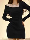 Bonnyshow  Korean Style Mini Knitted One-piece Dress Women Coquette Sexy Long Sleeve Tunic Cabaret Dresses Khaki Winter Clothes