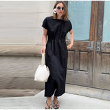 Bonnyshow  Elegant Women Short Sleeve Midi Dress New Spring Summer Sexy Round Neck Draped High Waist Robe Office Party Long Dresses