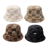 Bonnyshow Winter Bucket Hat for Women Plaid Warm Plush Fisherman Cap Korean Ladies Faux Rabbit Fur Thicken Bob Panama Hats gorro