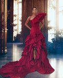 Bonnyshow Vintage Royal Red Asymmetrical Satin Long Evening Dresses With Layered Ruffles Details One Shoulder Long Maxi Gowns