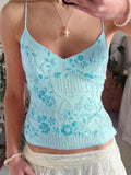 Bonnyshow  Fashion Beading Floral Print Sequin Slim Fit Sexy Y2k Women Camisole Tops Backless Embroidered Design Blouses