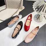 Bonnyshow  Shiny PU Leaather Flats Mary Janes Shoes Women Red Elegant Basic Pointed Toe Loafers Spring Autumn Daily Casual Black Shoes New