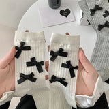 Bonnyshow Lolita Bow Socks for Women Spring Summer Cotton Mid-tube Sock Y2K Girls Japanese Bowknot Solid Color JK Socks