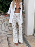 Bonnyshow Sexy Perspective White Flare Pants Summer Women Vacation High Waist Long Trousers Lace Beach Style Female Pants