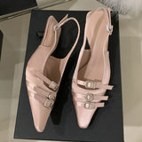 Bonnyshow  Luxury Crystal Buckle Kitten Heel Design Brand Pumps Women Fashion Pointed Toe Narrow Band Dress Shoe Elegant Wedding Bride Shoe