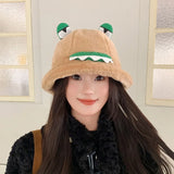 Bonnyshow Cute Frog Fisherman Hat for Women Winter Fluffy Fur Bucket Hats Funny Cartoon Warm Thicken Female Girls Plush Hats