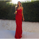 Bonnyshow Red Chiffon Ruffle Long Dress Women Elegant Spaghetti Strap Slim Evening Party Dresses Summer Sexy Backless Holiday Dress 2024