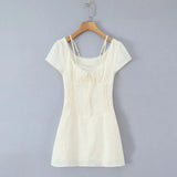 Bonnyshow  Retro Beige Hollow Out Embroidery Mini Dress Sweet Girl Short Sleeve A-line Slim Summer Dresses Holiday Robe