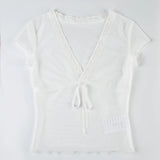 Bonnyshow  V-neck Lace Patchwork Transparent Tees White Summer Mesh Sexy Bandage Chic T-shirt Hottie Slim Solid Retro Tops