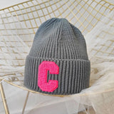 Bonnyshow Unisex Winter Knitted Hat Big C Letter Simple Beanie Cap Korean Version Skullies Beanies Soft Hip Hop Casual Bonnet Caps