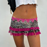 Bonnyshow  Summer Vintage Leopard Print Ruffles Low Waist Mini Skirt Women Lace Skirts Aesthetic Elegant Fashion Lady Party Streetwear