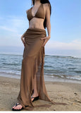 Bonnyshow  Fashion Women's Summer Brown V Neck Backless Halter Bandage Vest Tops And High Waisted Irregular Long Half Skirt Two Piece Sets