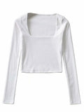 Bonnyshow Women Cotton Ribbed Square Neck Crop Top With Long Sleeve