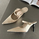Bonnyshow  Satin Button Pointed Toe Mules Pumps Women Slipper Fashion Shallow Thin High Heels Ladies Shoes