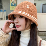 Bonnyshow Winter Lamb Fleece Bucket Hat Women Solid Color Letter Fisherman Cap Korean Wide-brim Windproof Dome Plush Hats
