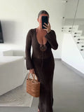 Bonnyshow  Knit Hollow Women's Dress Elegant Halter Lace Up Full Sleeve Long Dressess Female Summer Fashion Lady Vacation Robes 2025