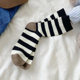 Bonnyshow Girls Striped Socks Spring Autumn Cotton Mid-tube Sock for Women Korean Style Sweat Absorption Sport Socks