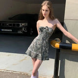 Bonnyshow  Strapless Retro Tube Top Bow Dress Printed Sleeveless Slim Casual Dresses New Summer Sweet Cute Elegant Party Evening Dress