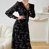 Bonnyshow  High Waist Floral Long Dress For Women Ruffled Splice Laple Long Sleeve Party Vacation Clothes Lady Retro Elegant Dress