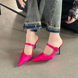 Bonnyshow  Satin Button Pointed Toe Mules Pumps Women Slipper Fashion Shallow Thin High Heels Ladies Shoes