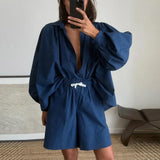 Bonnyshow  Casual Shirts Shorts Sets Women Loose Vacation Turn-Down Collar Long Sleeve Shirt High Waist Short Pant 2025 Summer Lady Suit