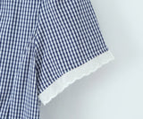 Bonnyshow  Sweet Girl Plaid Shirt Blouse Short Sleeve Lapel Collar Slim Lady Summer Tops