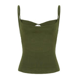 Bonnyshow  Sexy Hollow Out Camisole Summer Vacation Style Women Solid Tank Top Fashion Chic Beads Detail Sleeveless Vest Outfits