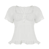 Bonnyshow  Fashion Solid Slim Lace Trim Bow Women Chic T-Shirts Ruffly Causal Simple Summer Trendy Sweet Cute Blouses