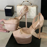 Bonnyshow  Sexy Platform Ankle Lace-up Woman Pumps Sandals Fashion Square Toe Thin High Heels Nightclub Party Strippers Shoes