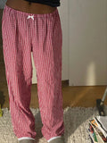 Bonnyshow  Plaid Print Straight Pants Lace Patchwork Bow Aesthetic Y2K Baggy Trousers Fashion Streetwear Joggers Women Bottom